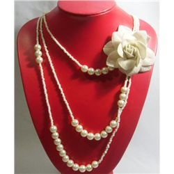 3-1 MAURICA BEADED WHITE FLOWER NECKLACE 3LAYERS 20INCH