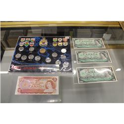 LOT OF 3 CANADIAN $1 BILLS, 1 X $2 BILL AND SET OF 1992 125TH ANNIVERSARY COMMEMERATIVE COINS