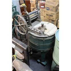 GREEN AND WHITE BEATTY BROS LIMITED WASHING TUB WITH LARGE METAL FLY WHEEL AND INTEGRAL WRINGER