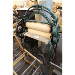LARGE GREEN CAST IRON AND STEEL MANGLE WITH WOODEN ROLLERS
