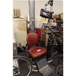 OPTICIANS CHAIR WITH RED LEATHER UPHOLSTERY AND CHROME BASE