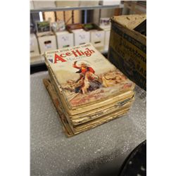 LOT OF VINTAGE WESTERN MAGAZINES, RADIO, TENNIS RACKET & DUSTING BRUSH