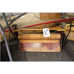 WOODEN HOMESTEAD CLOTHES MANGLE AND WOOD ROLLERS