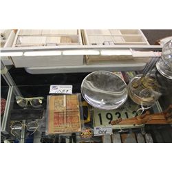 2 PAIRS VINTAGE GLASSES, 2 GLASS KEROSENE LANTERNS, MACFARLENE NOTEBOOK