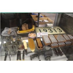 SHOE POLISHING KIT, 9 MOTORCYCLE BLOCK PRINTING STAMPS, ANTIQUE LICENSE PLATE,