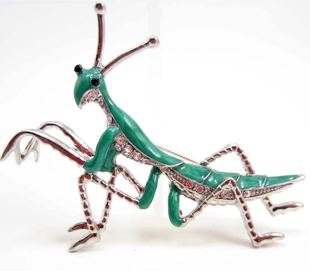 PRAYING MANTIS / BROOCH PIN ENAMEL & RHINESTONE
