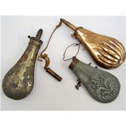 LOT OF 3 OLD WEST ERA GUN POWER FLASKS - BRASS AND METAL POT