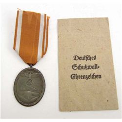 GERMAN NAZI ARMY WEST WALL DECORATION W/ RIBBON AND PRESENTATION ENVELOPE