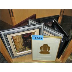 shelf lot of assorted framed prints and pictures