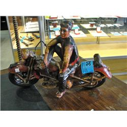 Wood crafted decorative motorcycle and rider