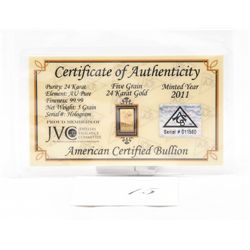 .999 Certified Solid Gold Bar