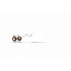 Brown Quartz & Diamond Silver Stud Earrings