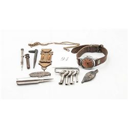 Box of vintage trinkets; skeleton keys, wrist