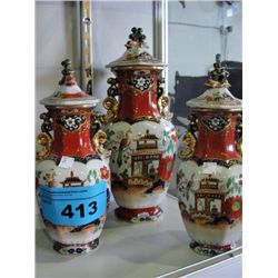 3 oriental stone china lidded vessels