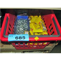 Red basket filled with assorted bolts and screws