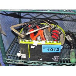 Box of assorted power tools and hand tools
