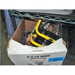 Box of assorted hand tools, work light, etc