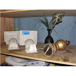 2 white wooden wall sconces, gold table lamp and