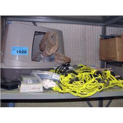 Shelf lot of misc; truck bed bungee cargo net