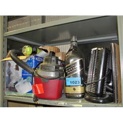 Shelf lot of misc items; small shop vac, fans etc