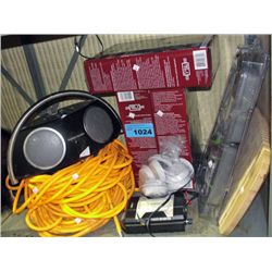 Shelf lot of misc; ipod speaker, solar lights, air
