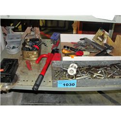 shelf lot of hardware and misc