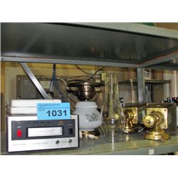 2 brass coach style lights, milk glass light and