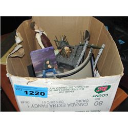 Box of action figures and action scene toy set