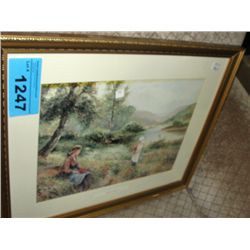 Framed girls picking flowers print