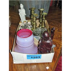 Box of assorted collectables; brass candles holder