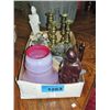 Image 1 : Box of assorted collectables; brass candles holder