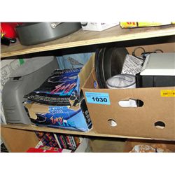 shelf lot of misc items; household kitchenwares,