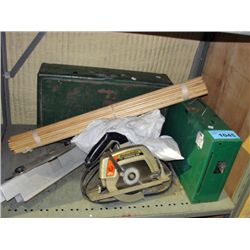 Shelf lot of assorted tools, coleman camp stoves,