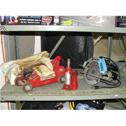 Shelf lot of tools; floor jacks, bottle jack, skil