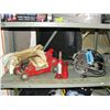 Image 1 : Shelf lot of tools; floor jacks, bottle jack, skil