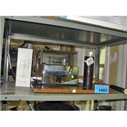 Shelf lot of misc items; tennis racket, candle