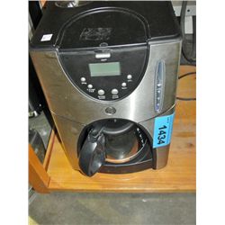 GE stainless steel and black coffee maker