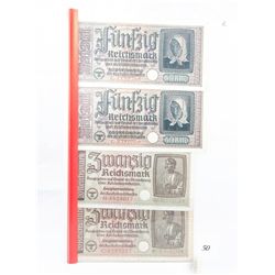 WW2 Reichsmark Nazi Germany Bills x4