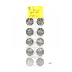 Lot of 10 old canadian 50cent coins; 1968 and up
