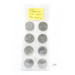 Lot of 8 old canadian one dollar coins; 1968 and