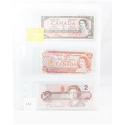 3 canadian 2 dollar bank notes; 1954, 1974, 1986