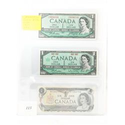 Lot of 3 canadian one dollar bank notes; 1954,