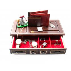 Wooden desk box and contents; watches, jewelry