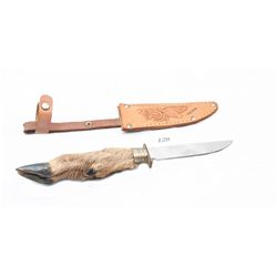 Small deer hoof handled hunting knife with leather