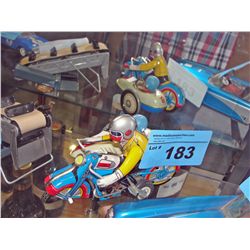 Vintage tin toy wind up motorcycle with side car