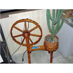 Hand crafted wooden spinning wheel plant stand