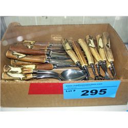 Carved bone handle cutlery set; knives forks and