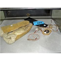 Pair of leather gloves, a dream catcher, native