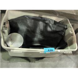 Rubbermaid storage bin filled with assorted rubber