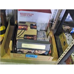 Box of assorted household items; candle holders